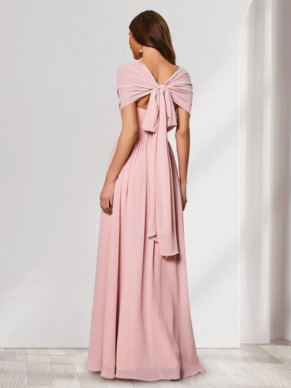 Robe de demoiselle d'honneur en mousseline, coupe trapèze/princesse, col en V, manches courtes et nœud papillon.