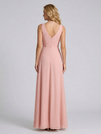 Combinaison robe de demoiselle d'honneur sans manches en mousseline à col V et fente latérale