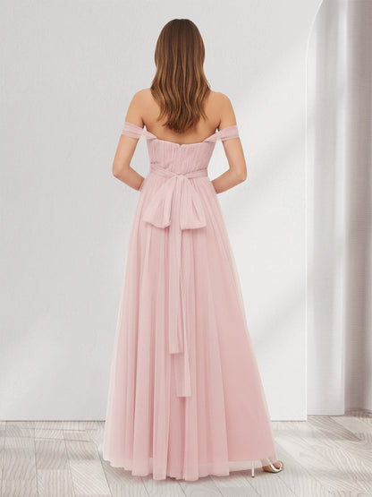 Robe de demoiselle d'honneur trapèze/princesse à épaules dénudées, manches courtes et décolleté cœur, avec nœud papillon