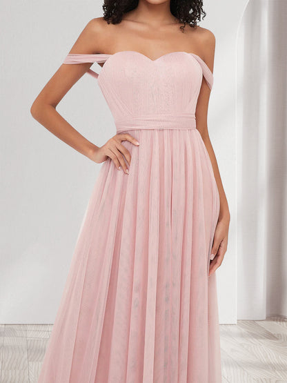 Robe de demoiselle d'honneur trapèze/princesse à épaules dénudées, manches courtes et décolleté cœur, avec nœud papillon