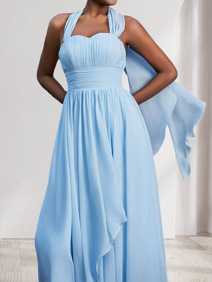 Robes de demoiselle d'honneur en mousseline de soie sans manches à volants, coupe trapèze/princesse, décolleté en cœur et dos nu