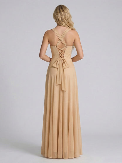 Robes de demoiselle d'honneur fourreau/colonne en mousseline sans manches à décolleté cœur et fronces