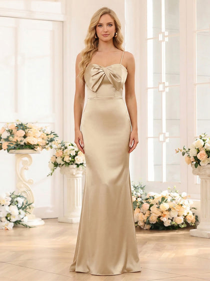 Robe de demoiselle d'honneur fourreau/colonne sans manches à fines bretelles et nœud papillon