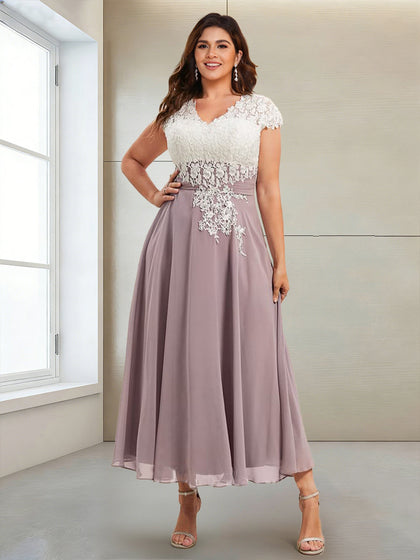 Ligne A/Princesse Mancherons Col en V Longueur de Thé Robes Mère de la Mariée Grande Taille avec Appliques
