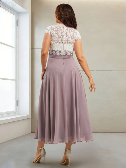 Robe de la mère de la mariée grande taille midi trapèze, col en V, mancherons et appliqués