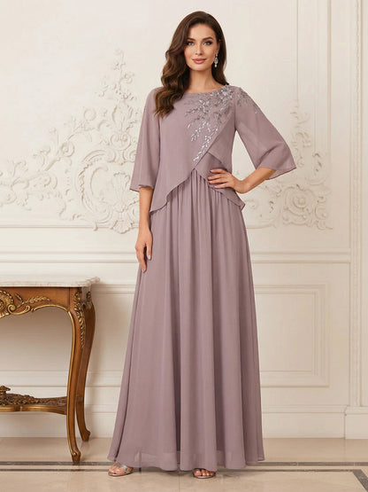 Robe longue de la mère de la mariée trapèze, col rond, demi-manches, appliqués et paillettes