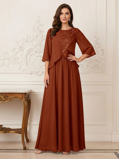 Robe longue de la mère de la mariée trapèze, col rond, demi-manches, appliqués et paillettes