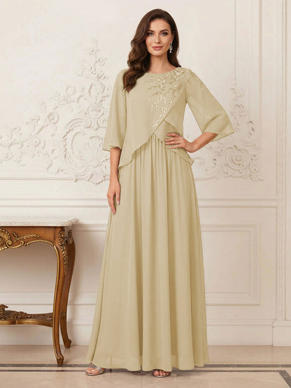 Robe longue de la mère de la mariée trapèze, col rond, demi-manches, appliqués et paillettes