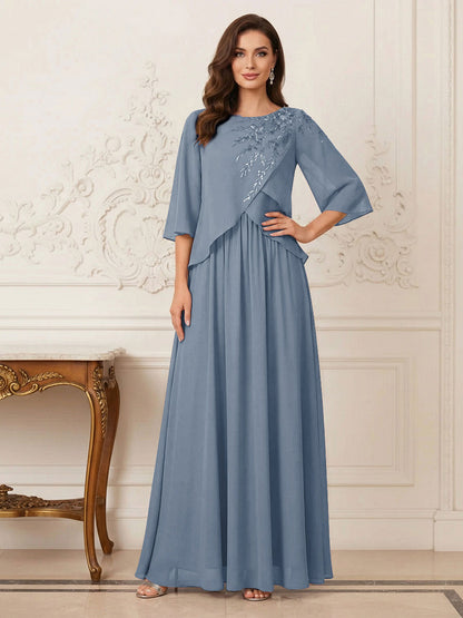 Robe longue de la mère de la mariée trapèze, col rond, demi-manches, appliqués et paillettes