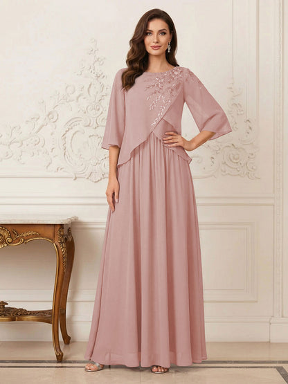 Robe longue de la mère de la mariée trapèze, col rond, demi-manches, appliqués et paillettes