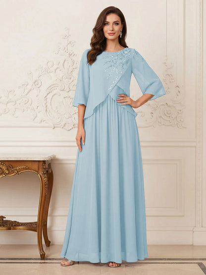Robe longue de la mère de la mariée trapèze, col rond, demi-manches, appliqués et paillettes