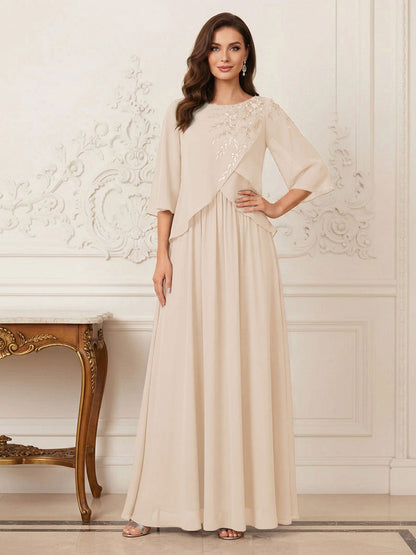 Robe longue de la mère de la mariée trapèze, col rond, demi-manches, appliqués et paillettes