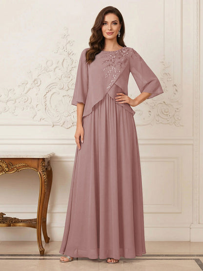 Robe longue de la mère de la mariée trapèze, col rond, demi-manches, appliqués et paillettes
