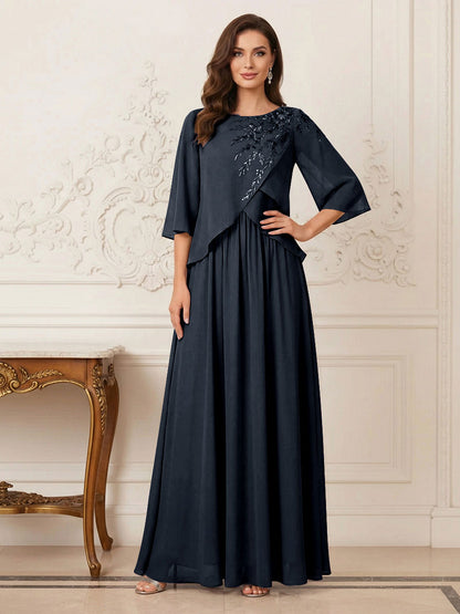 Robe longue de la mère de la mariée trapèze, col rond, demi-manches, appliqués et paillettes