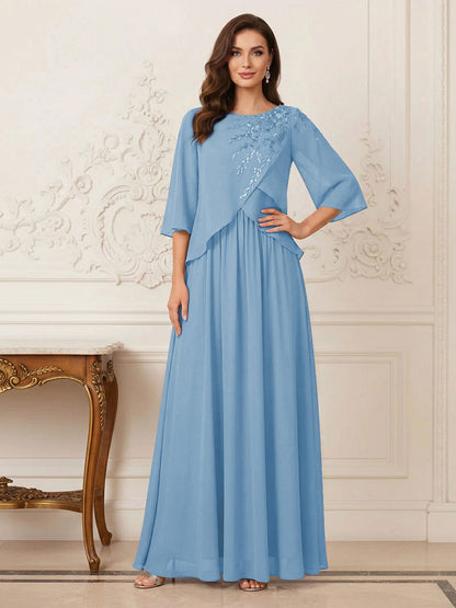 Robe longue de la mère de la mariée trapèze, col rond, demi-manches, appliqués et paillettes