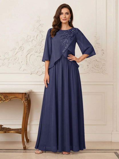 Robe longue de la mère de la mariée trapèze, col rond, demi-manches, appliqués et paillettes