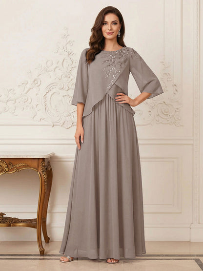 Robe longue de la mère de la mariée trapèze, col rond, demi-manches, appliqués et paillettes
