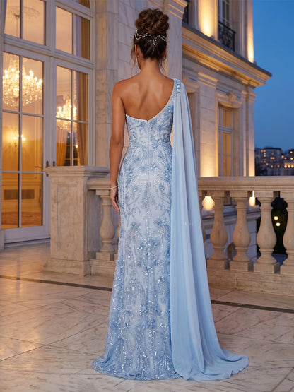Robe Longue de Soirée Coupe Trompette / Sirène à Une Épaule Sans Manches avec Appliques & Fente Latérale
