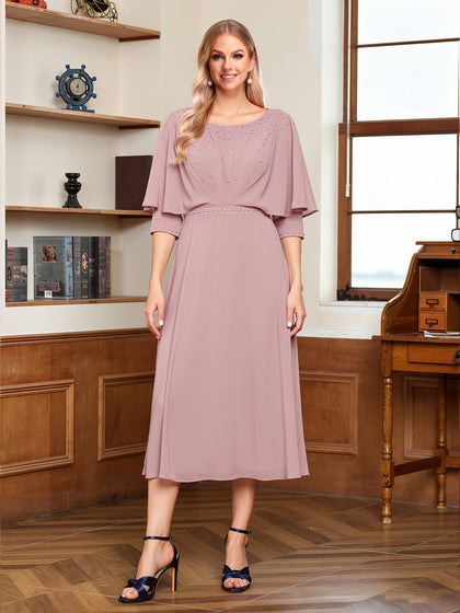 Ligne A/Princesse Scoop Demi-manches Longueur de Thé Ruché Robes Mère de la Mariée avec Perles & Cap