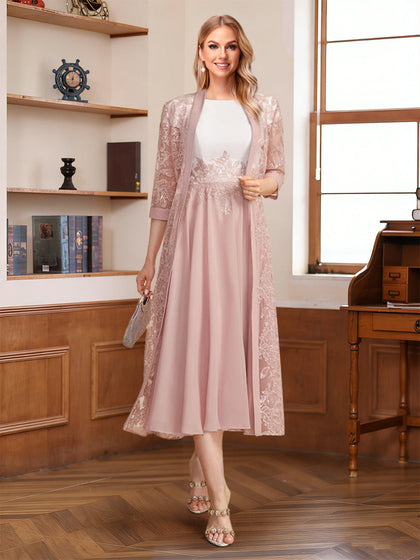 Ligne A/Princesse Scoop Manches Courtes Longueur de Thé Robes Mère de la Mariée avec Appliqué & Dentelle