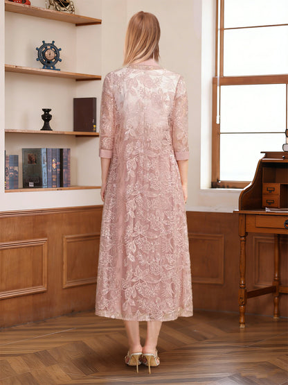 Robe de la mère de la mariée midi trapèze, col rond, manches courtes, appliqués et dentelle