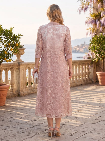 Robe Mère de la Mariée Grande Taille A-Ligne Col Rond à Manches Courtes Longueur Thé avec Appliques et Dentelle