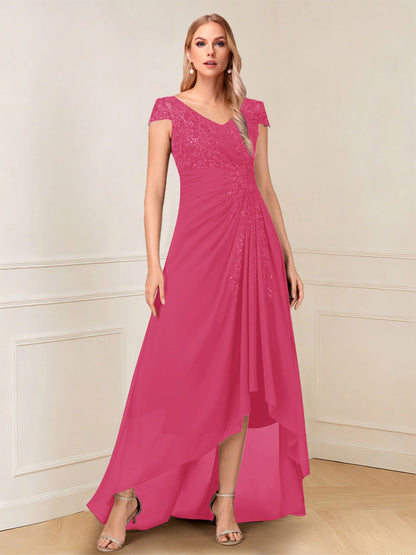 Robe de la mère de la mariée trapèze asymétrique, col en V, mancherons, paillettes et fronces