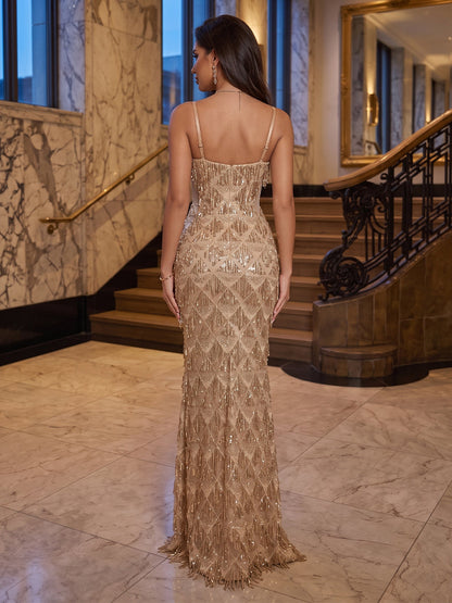 Robe de Soirée Coupe Trompette / Sirène à Bretelles Fines Encolure en Cœur Longueur Sol avec Paillettes