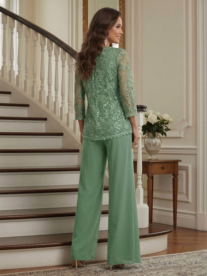 Tailleur-pantalon 3 pièces de la mère de la mariée en mousseline et dentelle, col en V, manches longues et appliqués