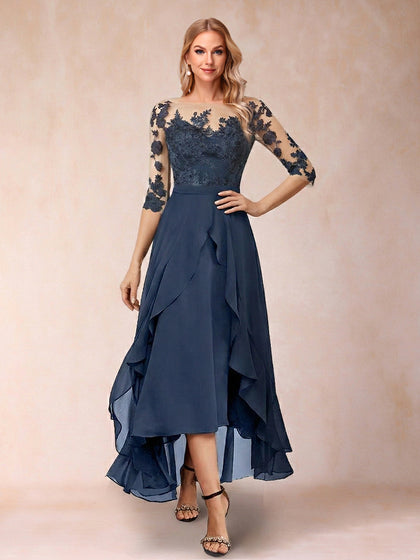 Ligne A/Princesse Demi-manches Asymétrique Robes Mère de la Mariée avec Froufrous & Broderie