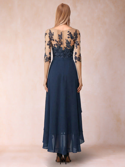 Robe de la mère de la mariée trapèze asymétrique, demi-manches, volants et broderie
