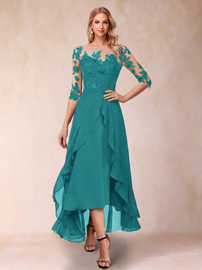 Robe de la mère de la mariée trapèze asymétrique, demi-manches, volants et broderie