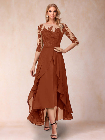 Robe de la mère de la mariée trapèze asymétrique, demi-manches, volants et broderie