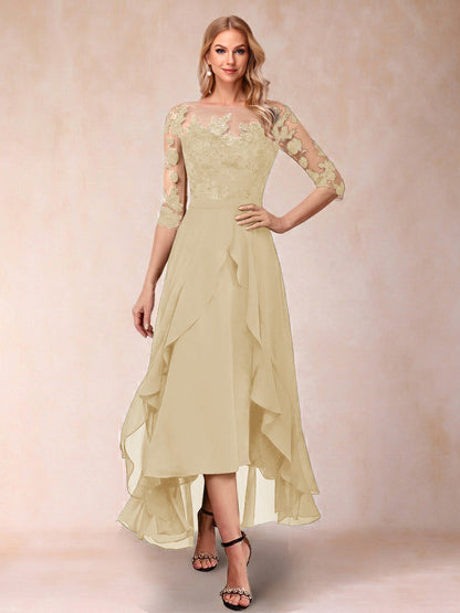Robe de la mère de la mariée trapèze asymétrique, demi-manches, volants et broderie