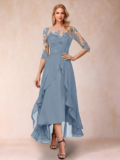 Robe de la mère de la mariée trapèze asymétrique, demi-manches, volants et broderie