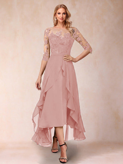 Robe de la mère de la mariée trapèze asymétrique, demi-manches, volants et broderie