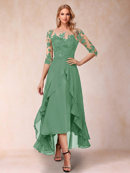 Robe de la mère de la mariée trapèze asymétrique, demi-manches, volants et broderie