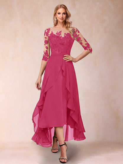 Robe de la mère de la mariée trapèze asymétrique, demi-manches, volants et broderie