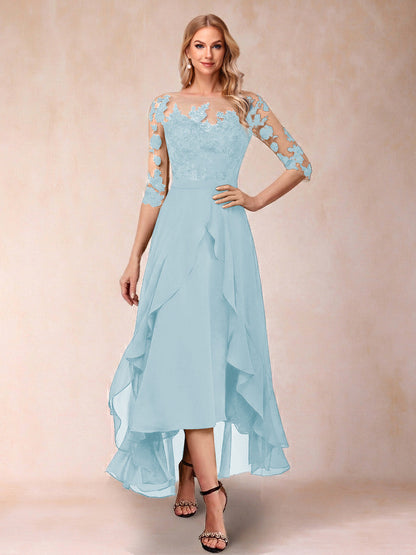 Robe de la mère de la mariée trapèze asymétrique, demi-manches, volants et broderie