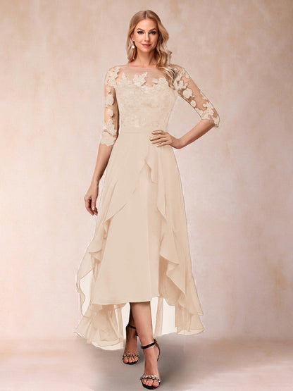 Robe de la mère de la mariée trapèze asymétrique, demi-manches, volants et broderie