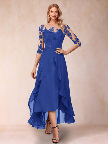 Robe de la mère de la mariée trapèze asymétrique, demi-manches, volants et broderie