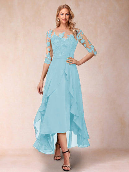 Robe de la mère de la mariée trapèze asymétrique, demi-manches, volants et broderie