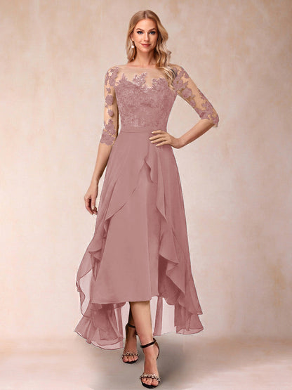 Robe de la mère de la mariée trapèze asymétrique, demi-manches, volants et broderie