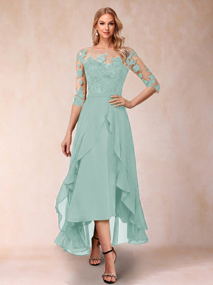 Robe de la mère de la mariée trapèze asymétrique, demi-manches, volants et broderie