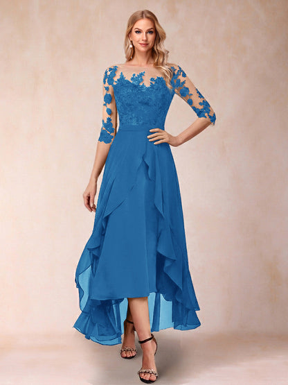 Robe de la mère de la mariée trapèze asymétrique, demi-manches, volants et broderie