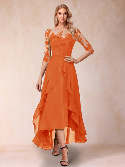 Robe de la mère de la mariée trapèze asymétrique, demi-manches, volants et broderie