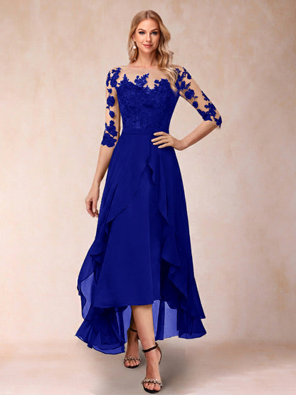 Robe de la mère de la mariée trapèze asymétrique, demi-manches, volants et broderie