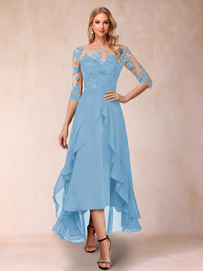 Robe de la mère de la mariée trapèze asymétrique, demi-manches, volants et broderie