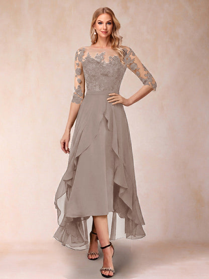 Robe de la mère de la mariée trapèze asymétrique, demi-manches, volants et broderie