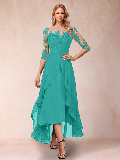Robe de la mère de la mariée trapèze asymétrique, demi-manches, volants et broderie